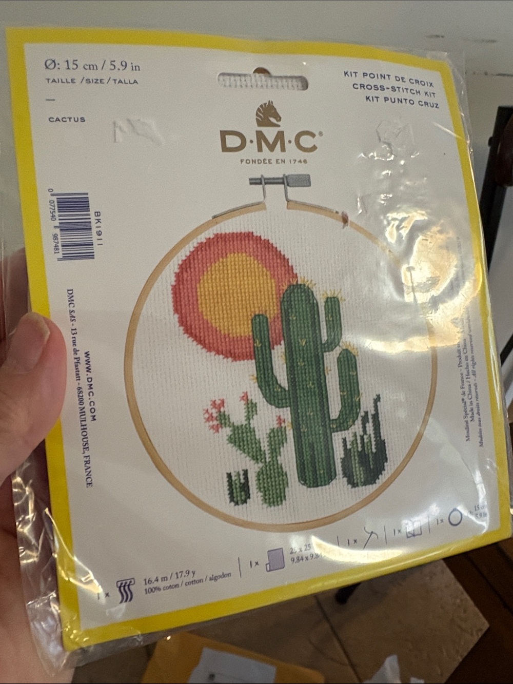 DMC Cactus Cross-Stitch Hoop Kit in Green and Yellow